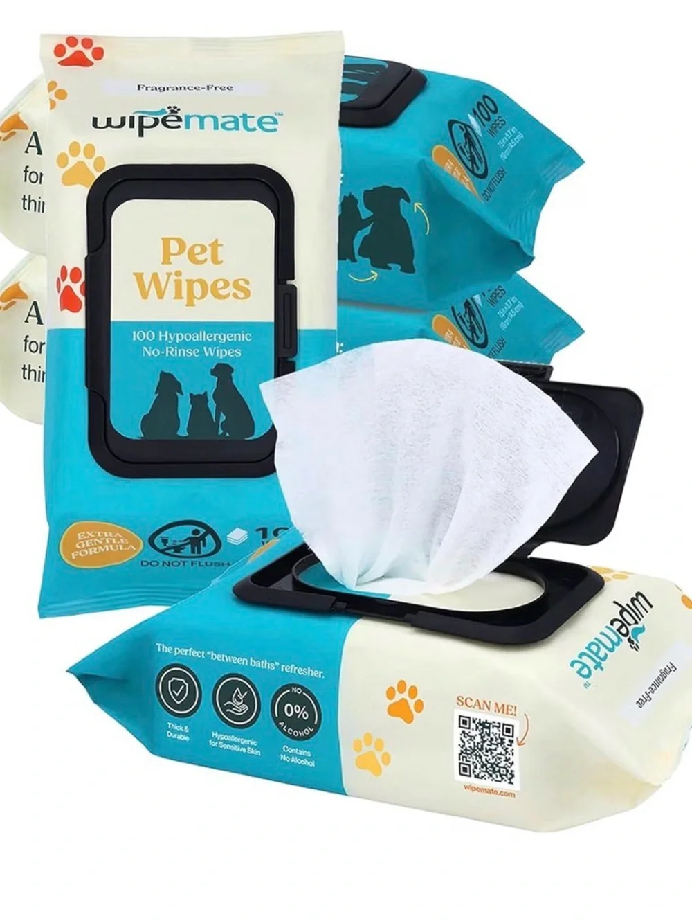 Wipemate Pet Wipes - Hypoallergenic No-Rinse Wipes 4 pack ( 400 wipes total)